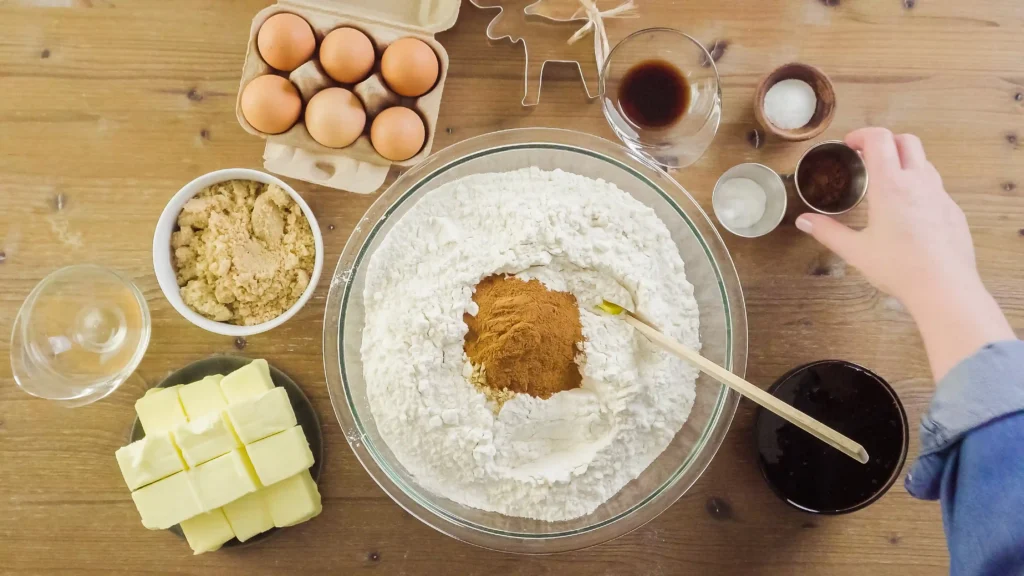 flour, brown sugar, cinnamon sticks, butter, eggs