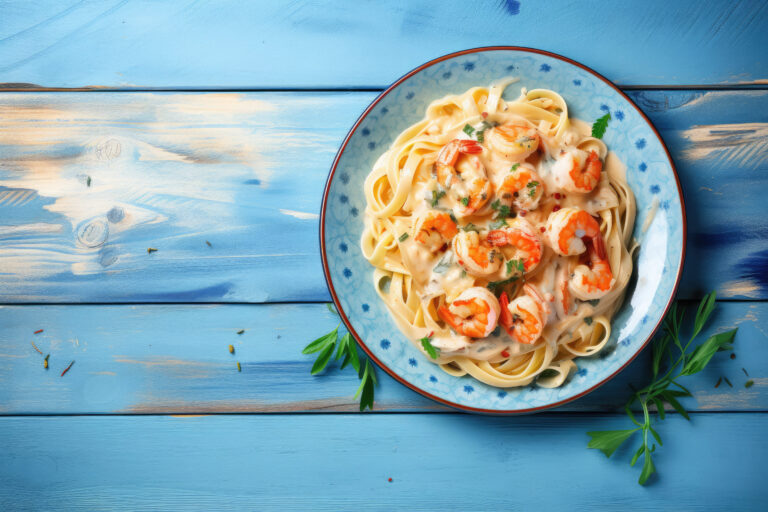 Bowl of creamy Cajun Alfredo Sauce with pasta and grilled shrimp