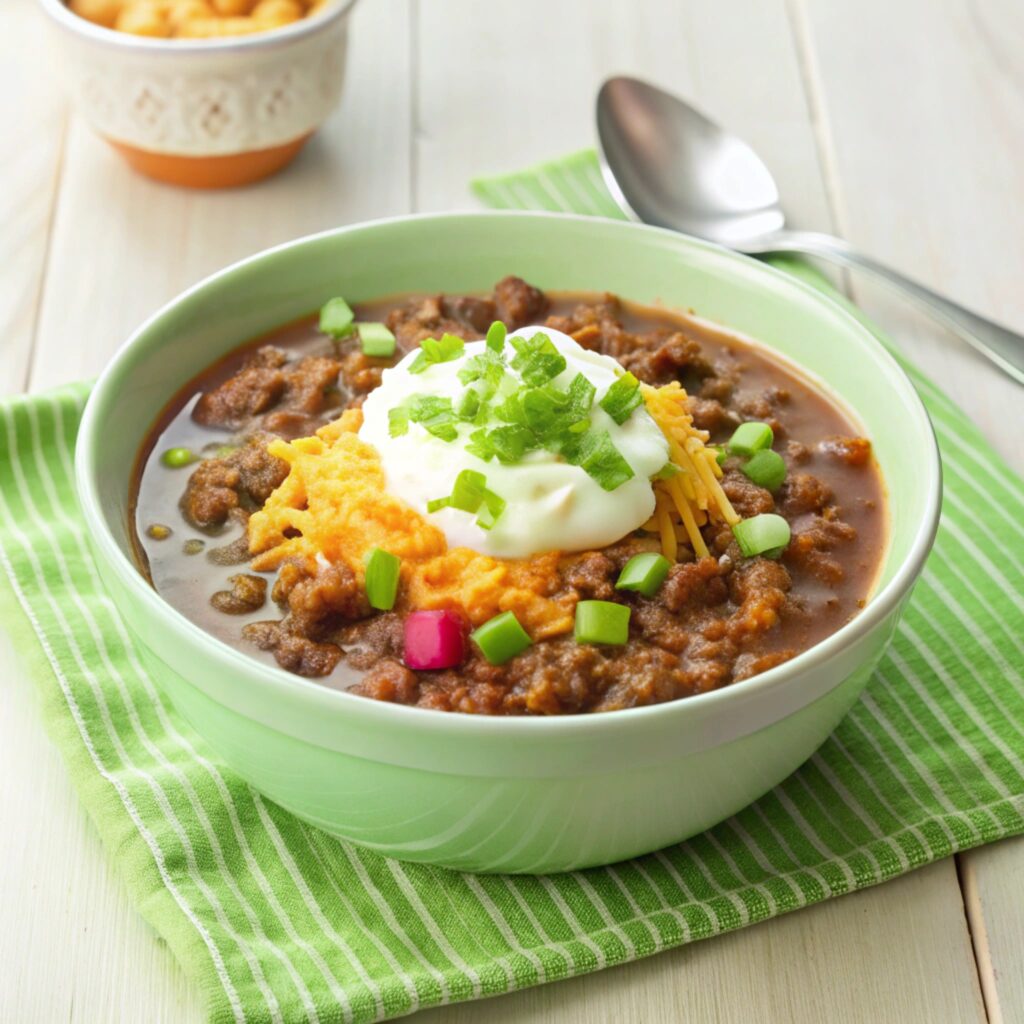 A bowl of bison chili topped with sour cream and green onions.