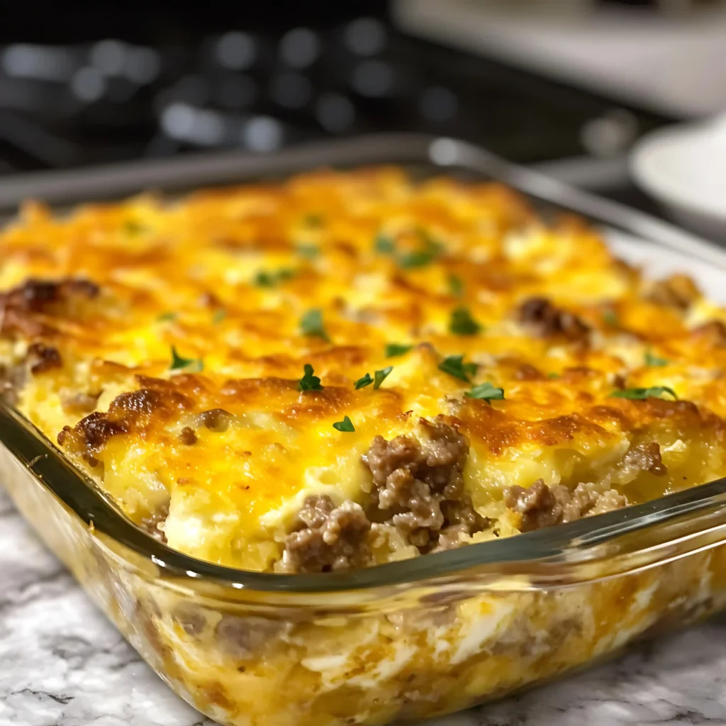 A plated serving of hash brown casserole