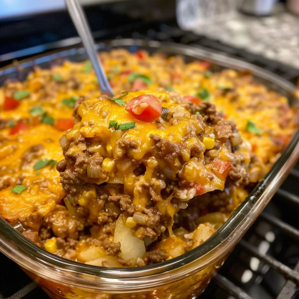 A crockpot hamburger potato casserole topped with melted cheese, served fresh from the slow cooker.