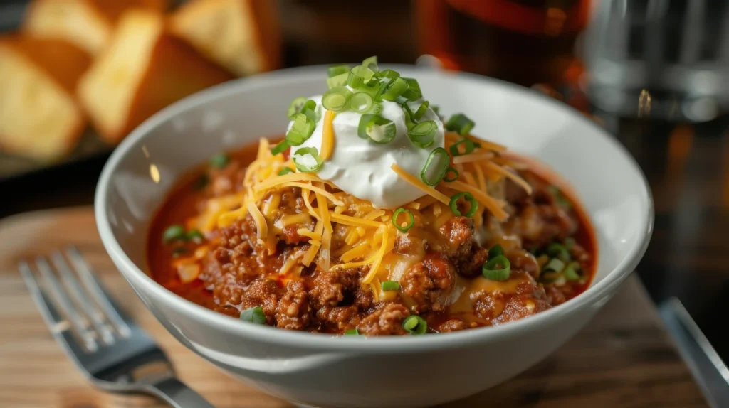 A hearty bowl of brisket chili garnished with cheese, sour cream, and cilantro.