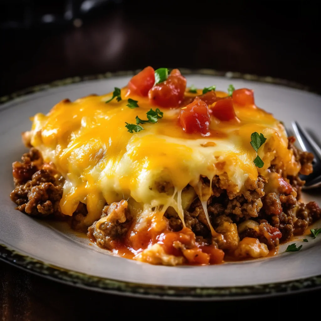 A serving of crockpot hamburger potato casserole on a plate 