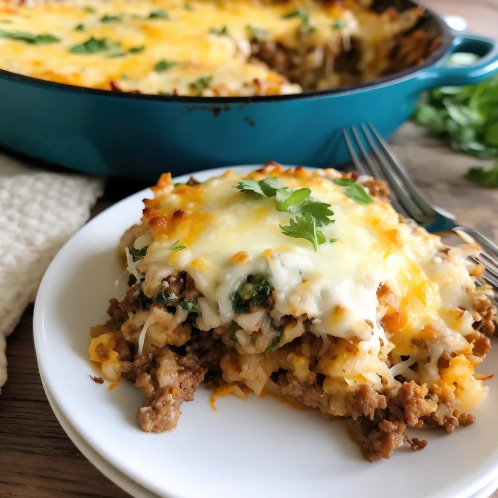 A portion of cheesy hamburger potato casserole served on a plate