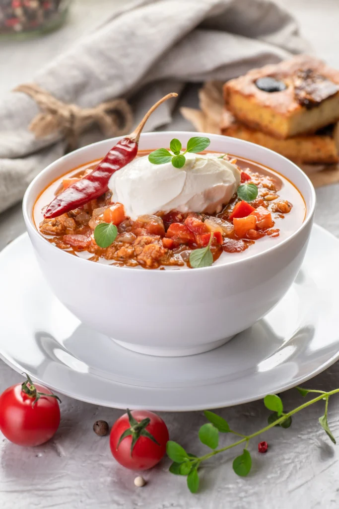 A bowl of bison chili garnished with sour cream, and cilantro