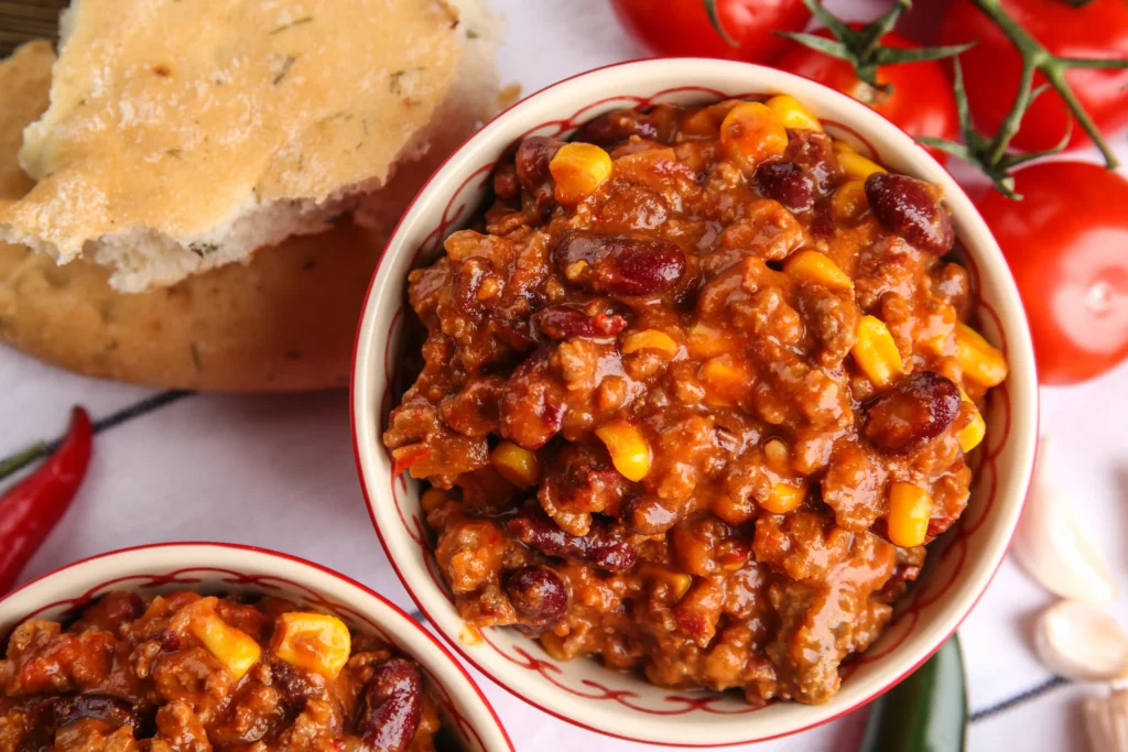 Brisket chili served with cornbread and garnishes.