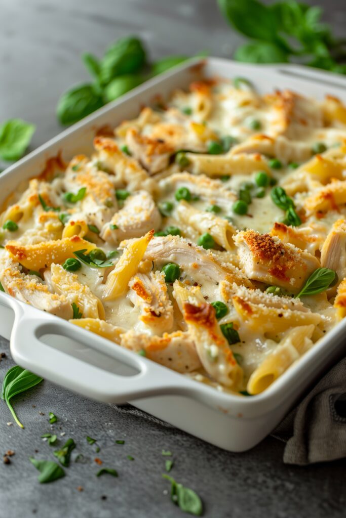 Cheesy Chicken Alfredo Pasta Bake fresh out of the oven