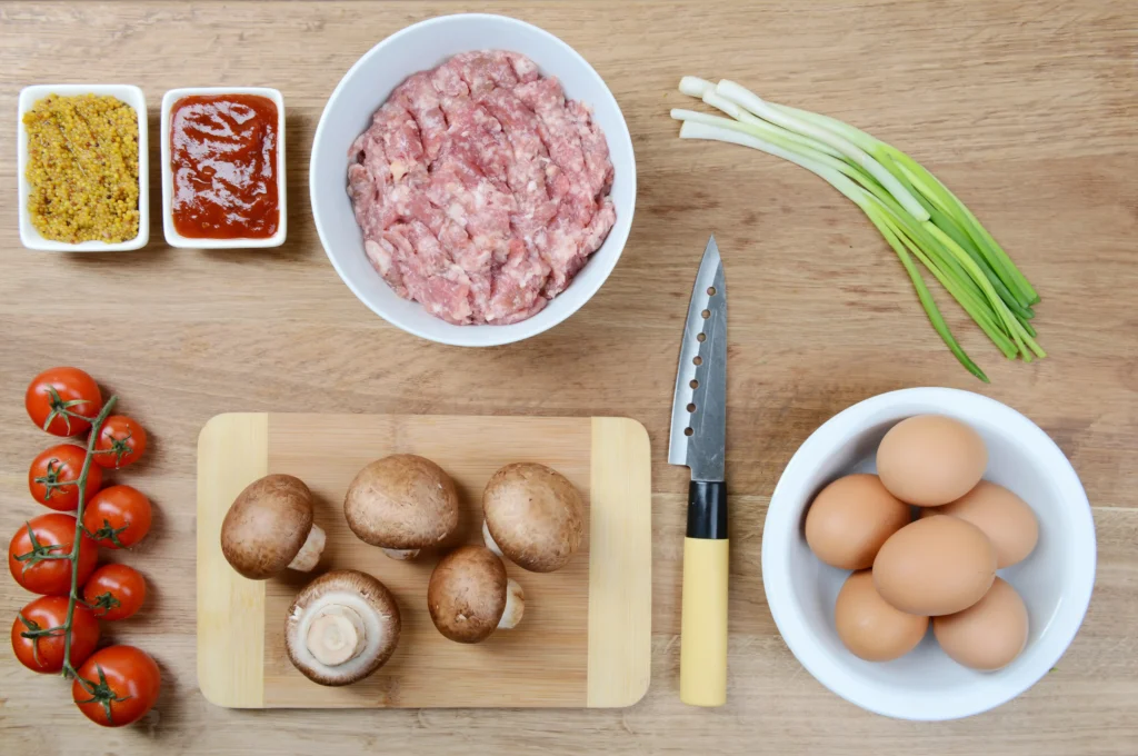 Ingredients for a meatloaf laid out on a countertop