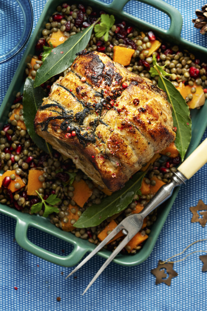 Grilled Mediterranean chicken served with quinoa and roasted vegetables