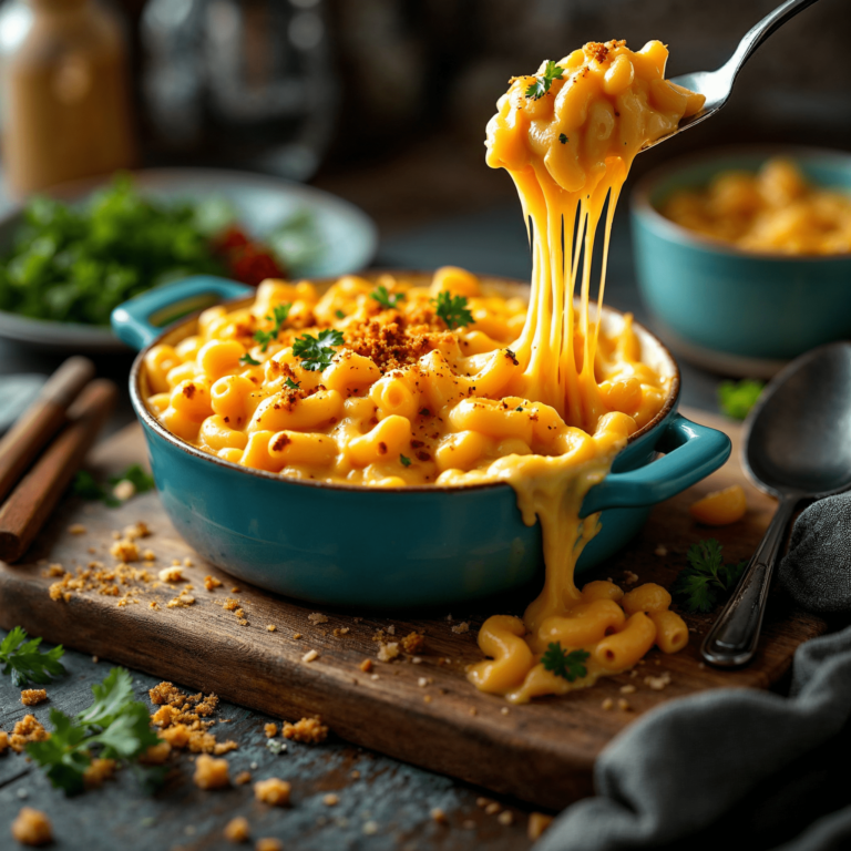 A creamy, golden tray of Tini's mac and cheese.