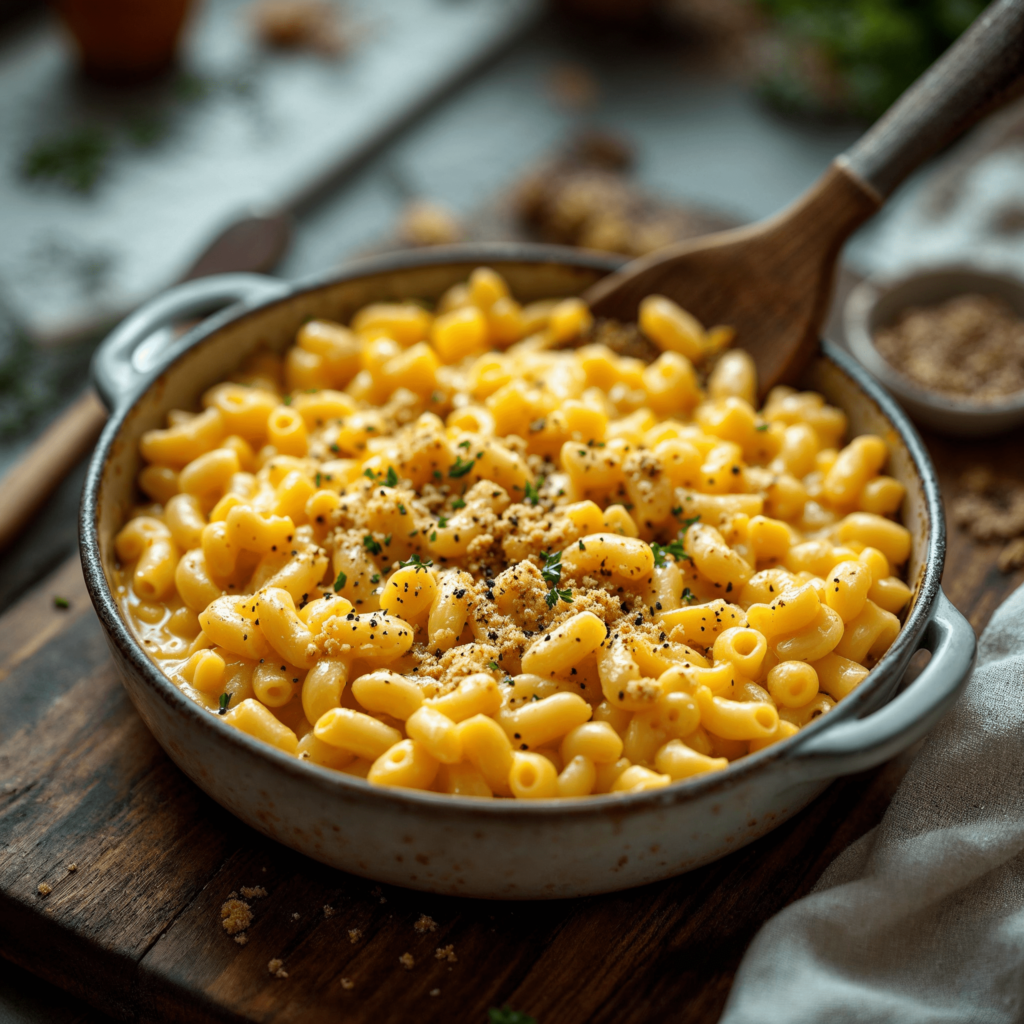 A vegan version of mac and cheese with roasted vegetables.