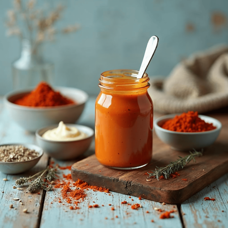 A jar of Cajun sauce surrounded by its core ingredients, including paprika, cayenne, and mayonnaise.