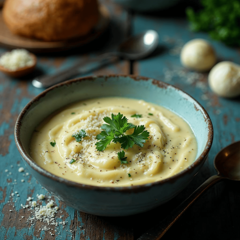 A bowl of creamy Alfredo sauce with fresh herbs and grated cheese on a wooden table.