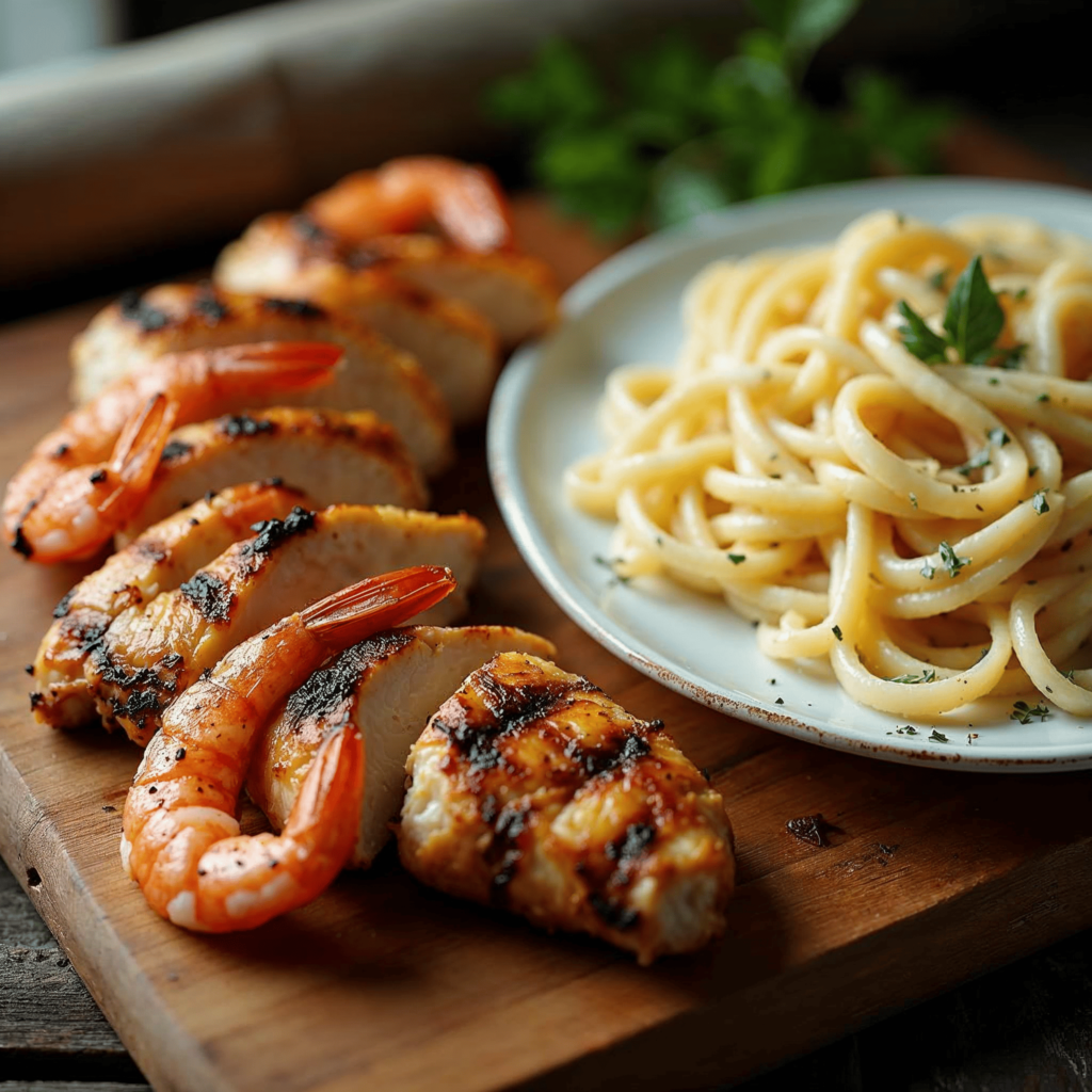 Grilled chicken slices and shrimp arranged beside a dish of Alfredo pasta.