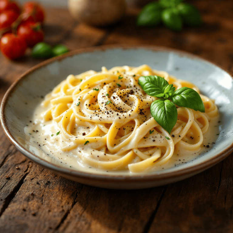 A creamy Alfredo sauce dish topped with herbs and spices.