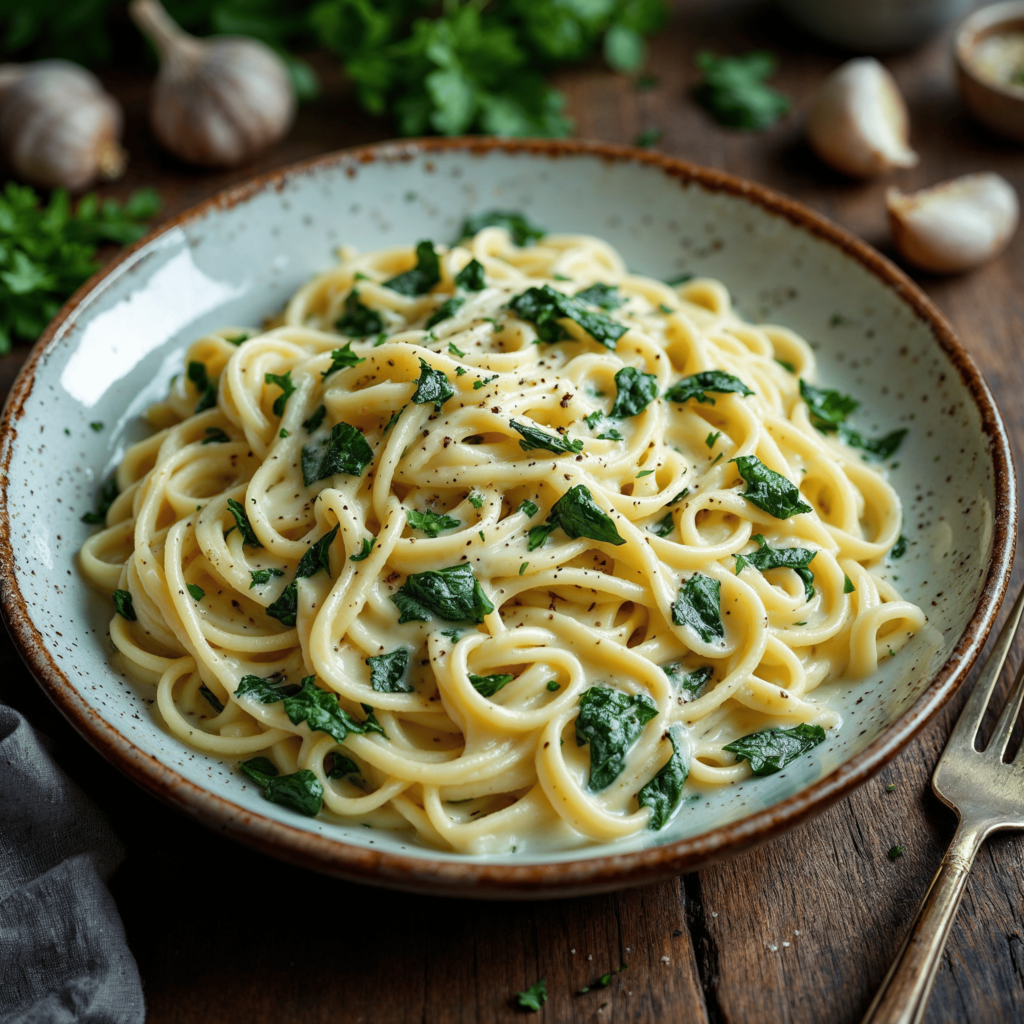 A vegetarian Alfredo dish with spinach and a hint of nutmeg