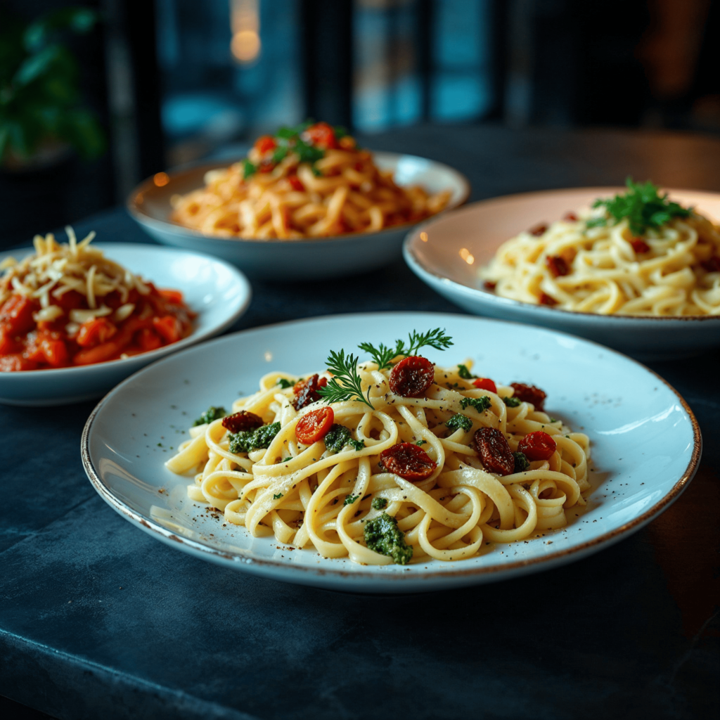 Fettuccine pasta served with three types of sauces: marinara, pesto, and Alfredo.