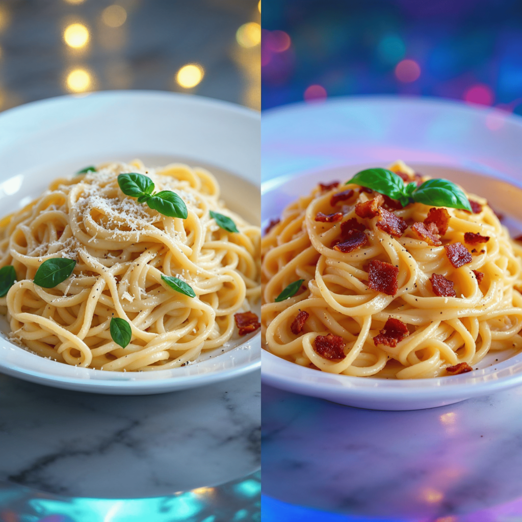 Side-by-side comparison of Fettuccine Alfredo and Fettuccine Carbonara dishes.