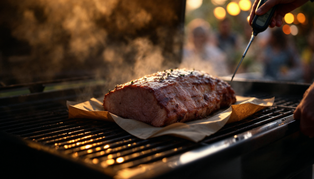 Brisket wrapped in butcher paper and placed on the smoker