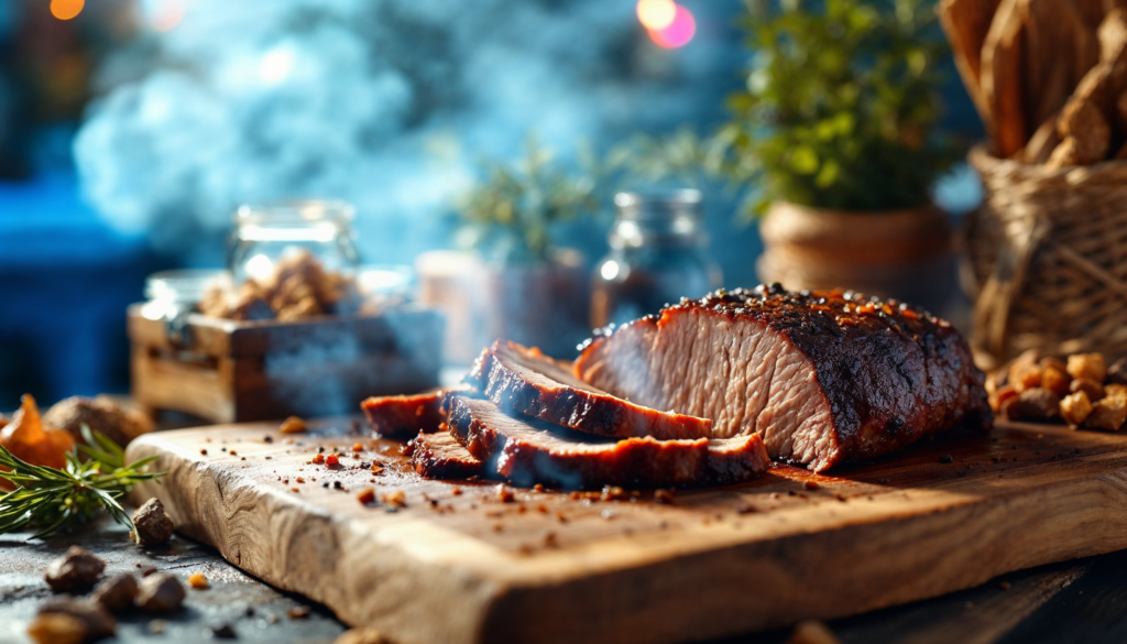 Brisket smoked with different wood types on display