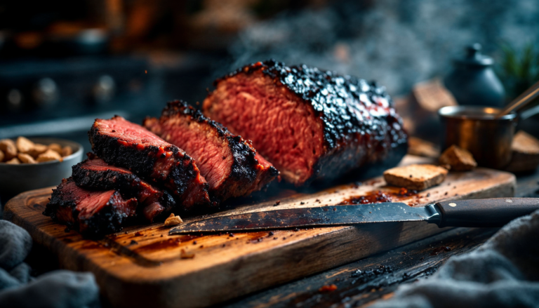 Brisket smoking unwrapped on a smoker grill