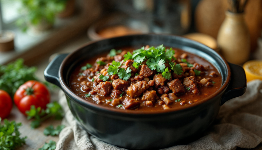 Slow cooker filled with brisket chili.