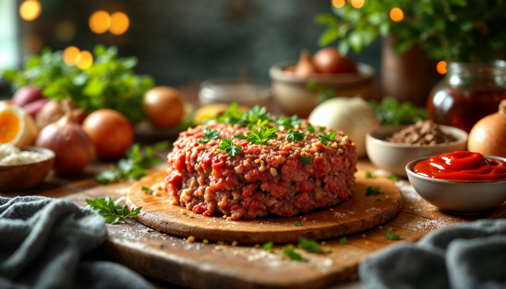 A rustic kitchen setup with ingredients for meatloaf