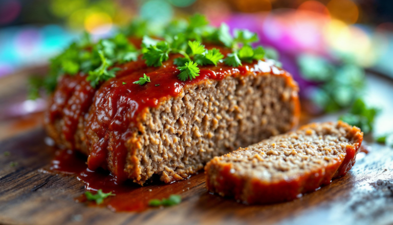 A beautifully glazed and sliced meatloaf on a serving platter with garnish.