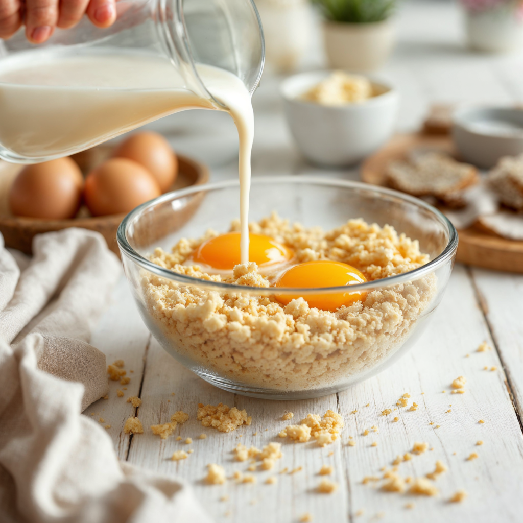 Breadcrumbs and eggs in a mixing bowl with milk being poured in.