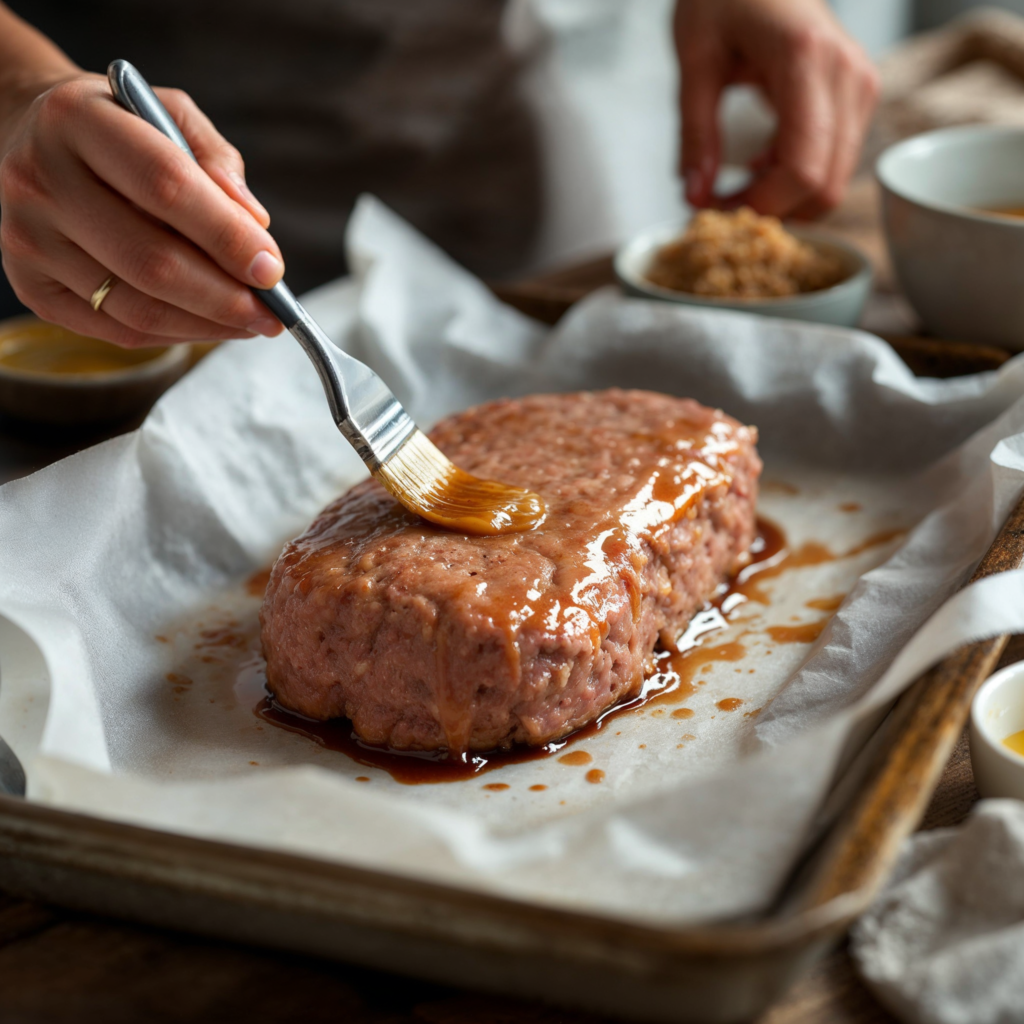 A brush spreading ketchup-based glaze over an uncooked meatloaf.