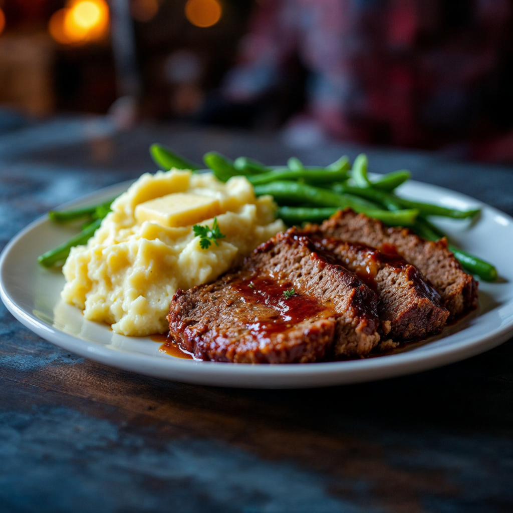 Sliced meatloaf on a plate with mashed potatoes and green beans.