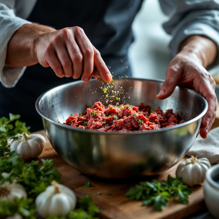 A chef seasoning ground bison in a bowl