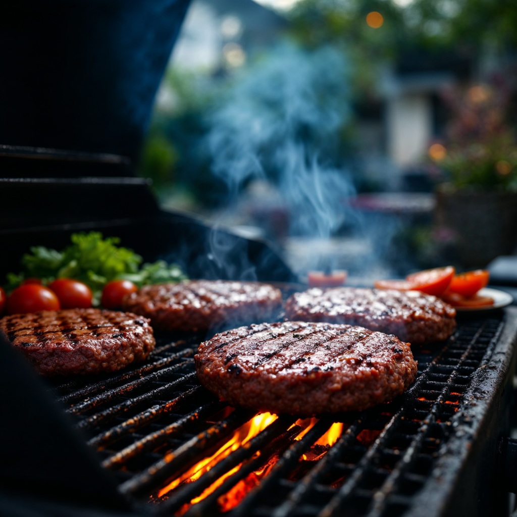 Ground bison burgers cooking on a grill with visible grill marks.