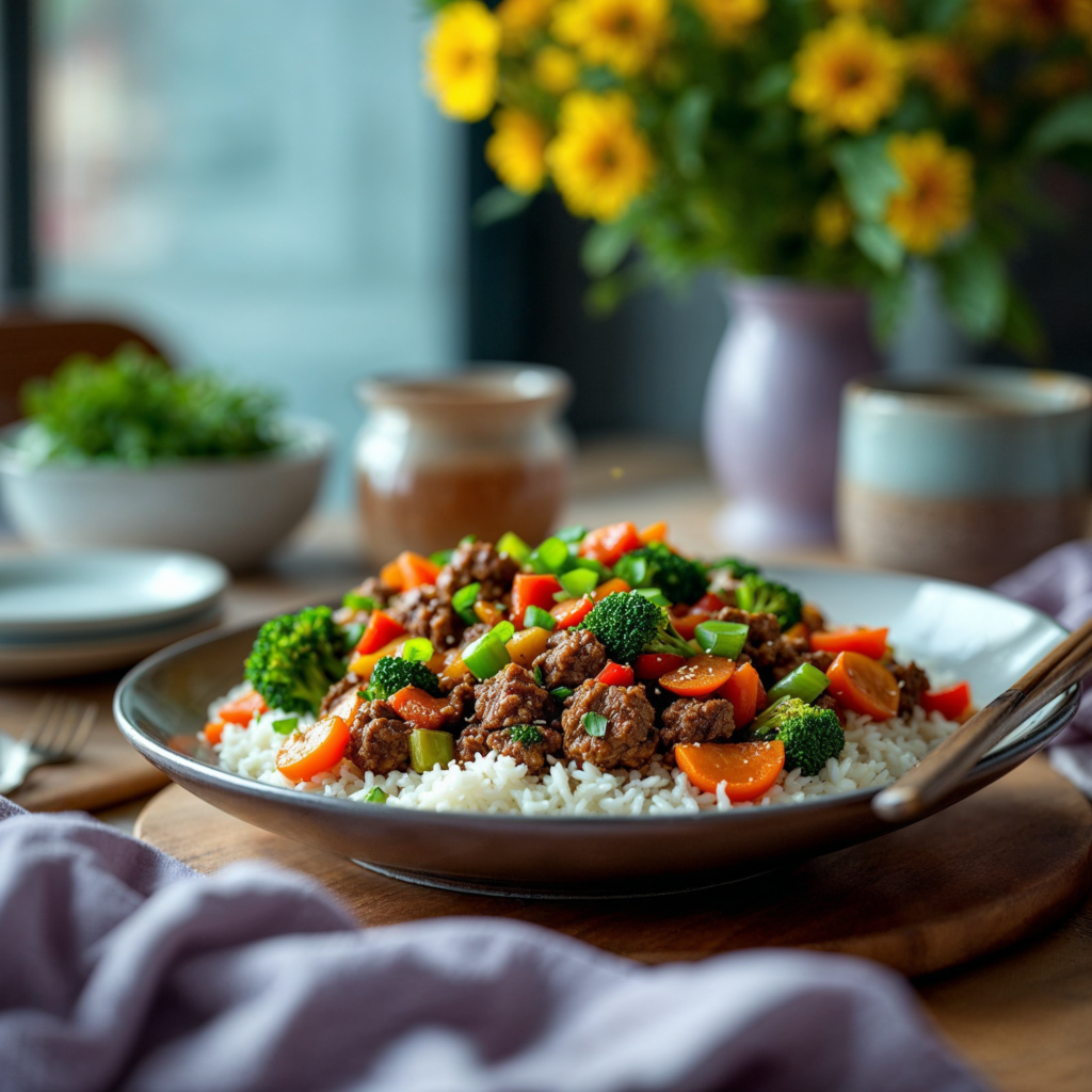 A vibrant bison stir-fry with colorful vegetables served over rice.