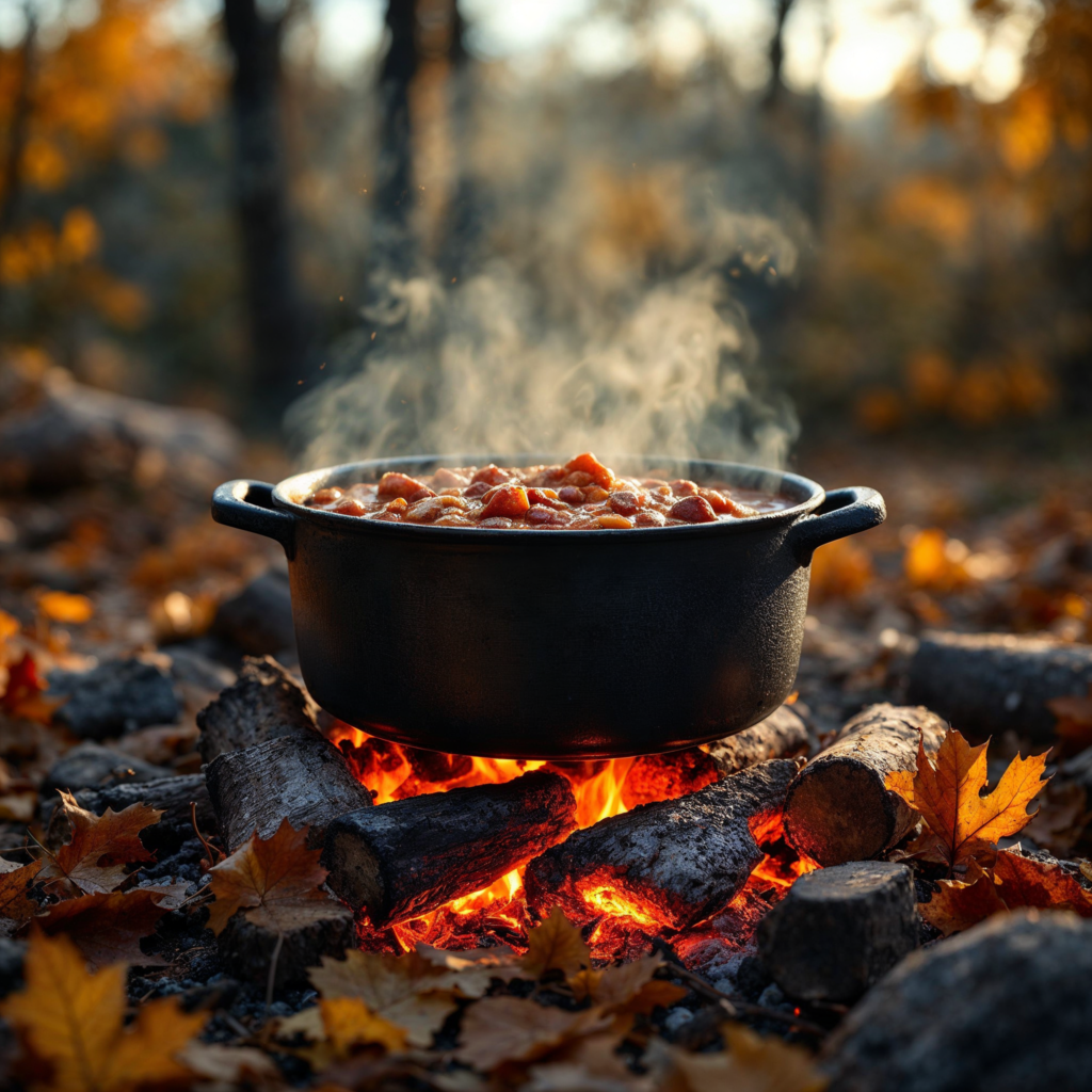 A pot of cowboy chili simmering over an open campfire.