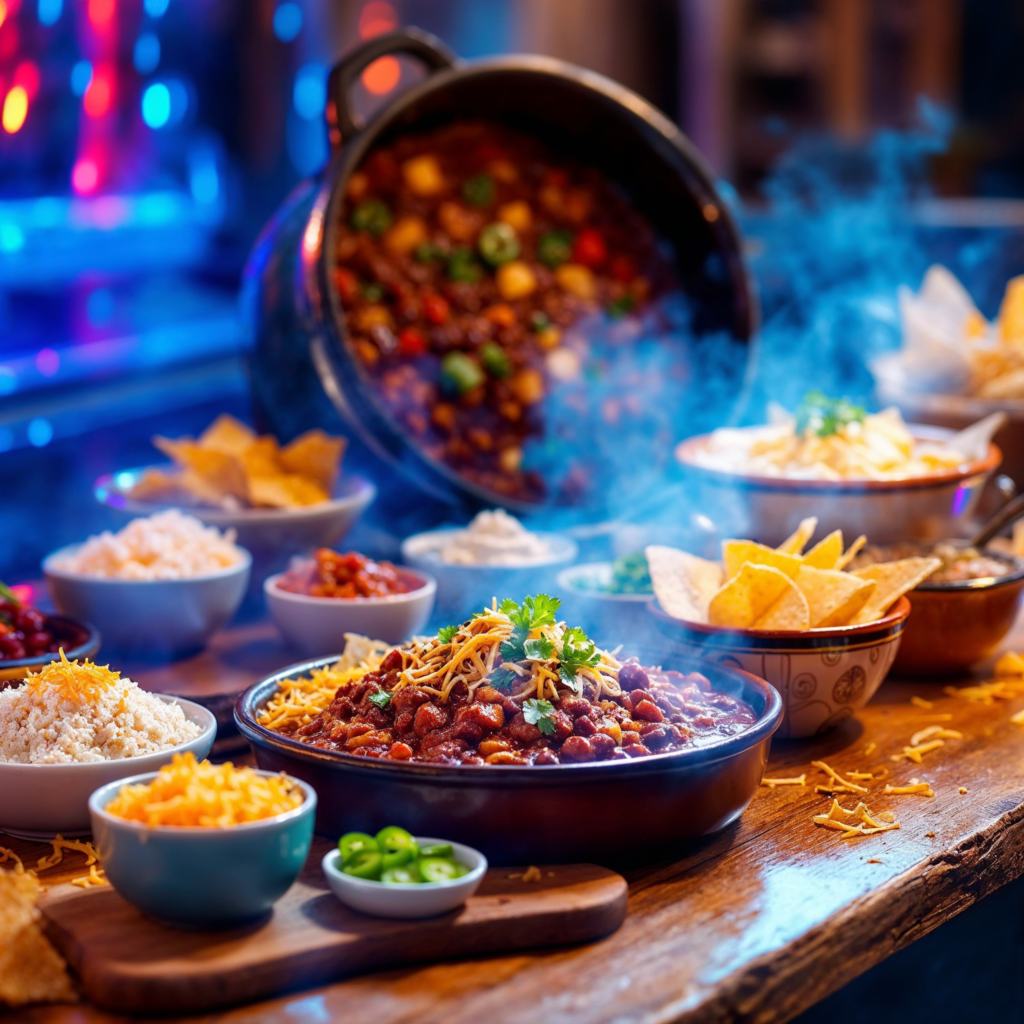 A chili bar setup with various toppings and sides like cornbread and rice