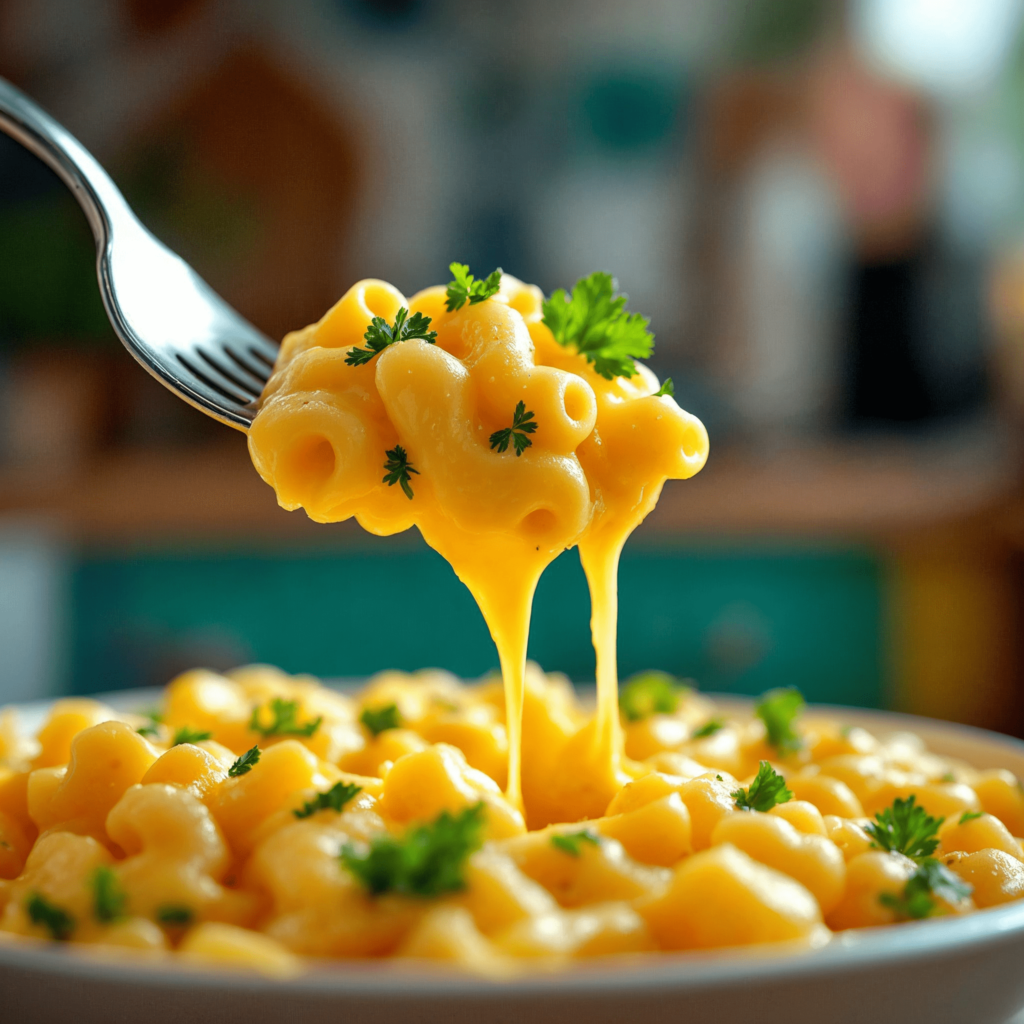 Cavatappi pasta in creamy mac and cheese.