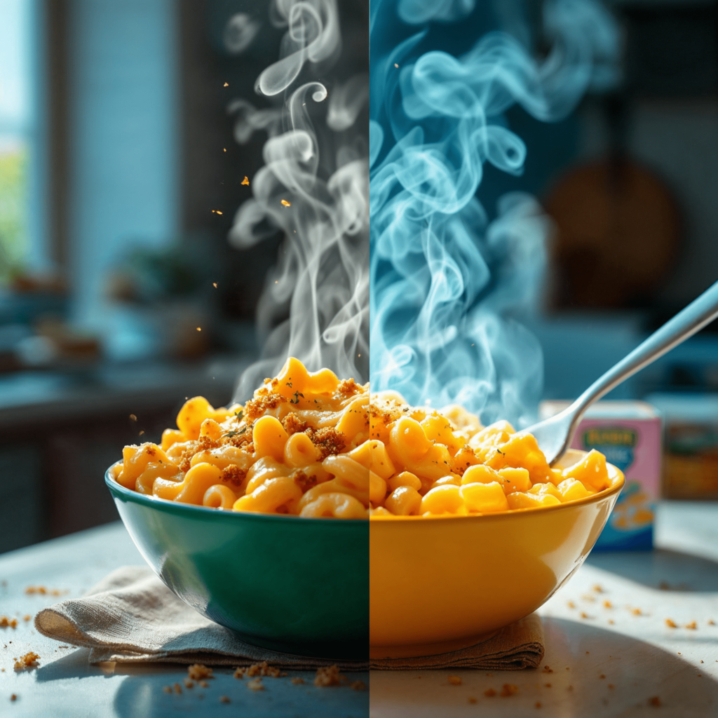 Homemade mac and cheese in a dish alongside a boxed mac and cheese product.