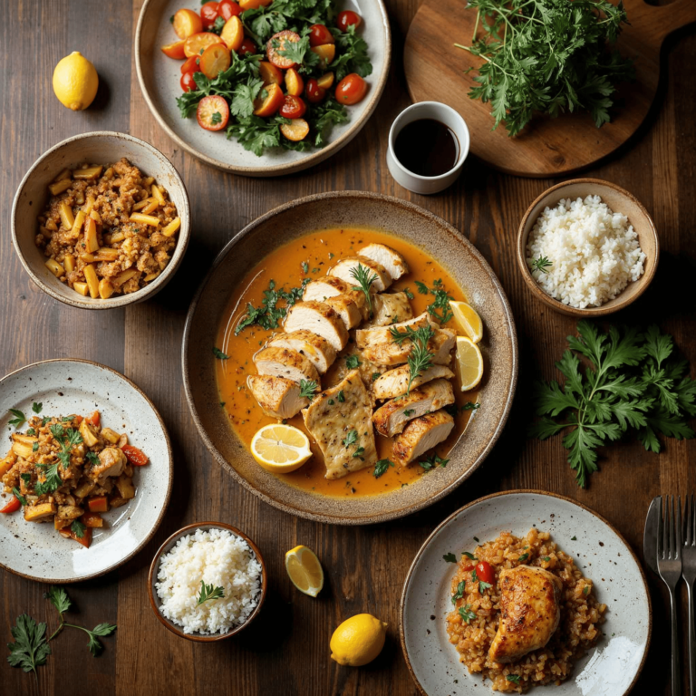 A variety of thin sliced chicken breast dishes arranged on a wooden table