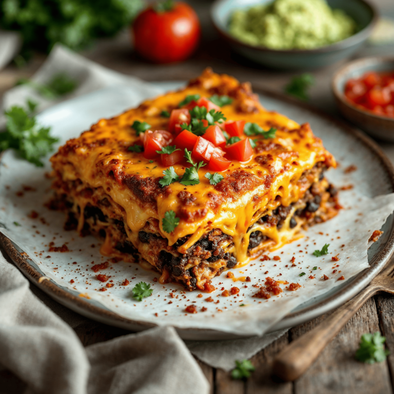 A layered taco lasagna with melted cheese, fresh cilantro, and a side of sour cream.