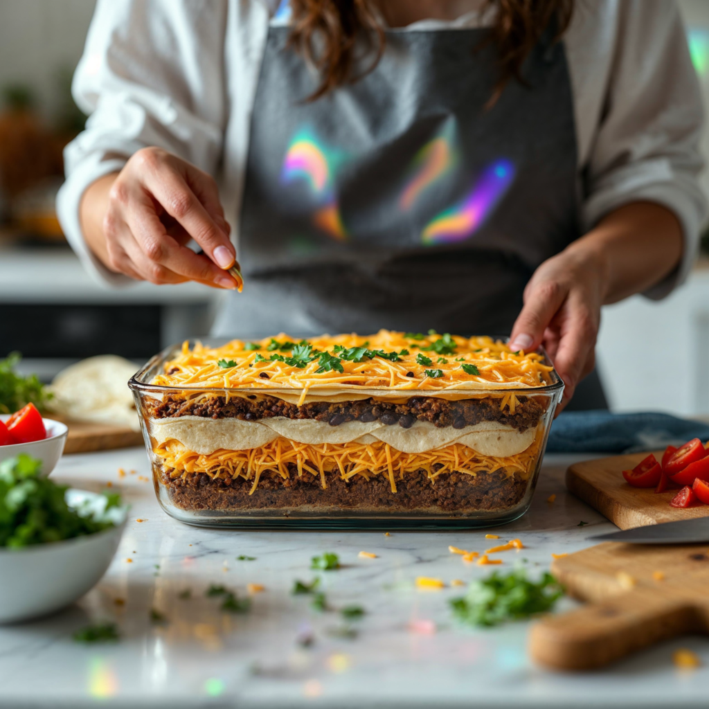 Assembling taco lasagna layers with tortillas, meat, and cheese.