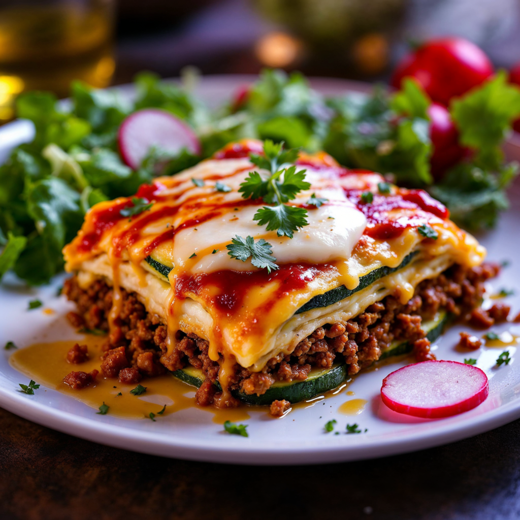 A keto-friendly taco lasagna with zucchini slices replacing tortillas.