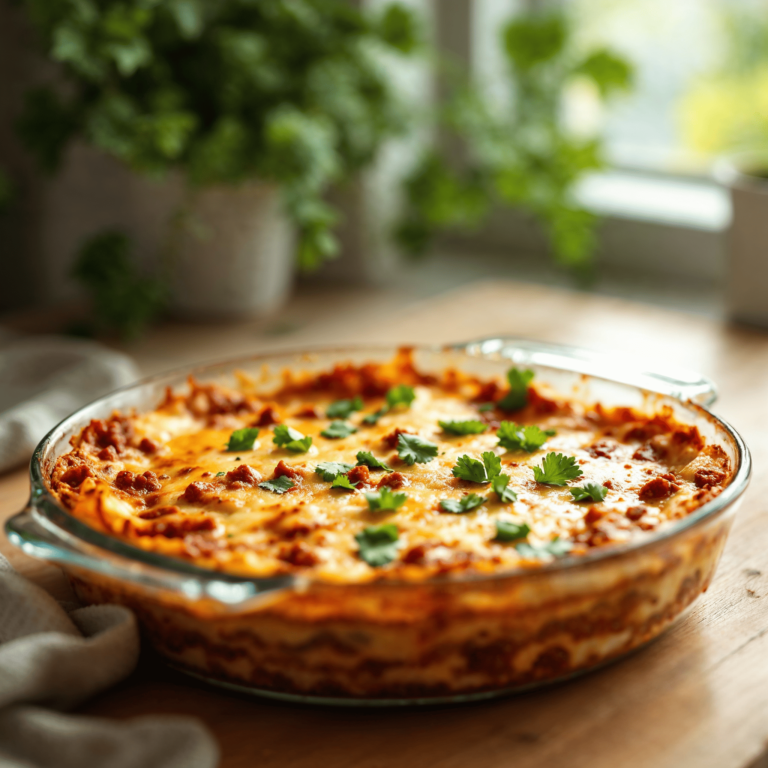 A freshly baked Mexican lasagna in a casserole dish with melted cheese on top