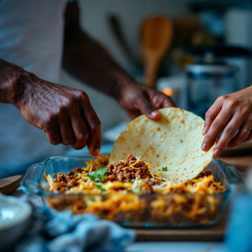 A step-by-step process of assembling Mexican lasagna in a baking dish.