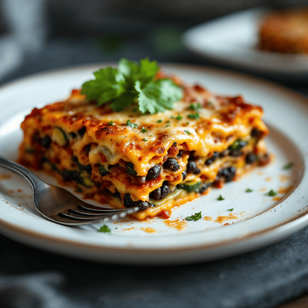 A vegetarian Mexican lasagna with black beans, vegetables, and cheese.