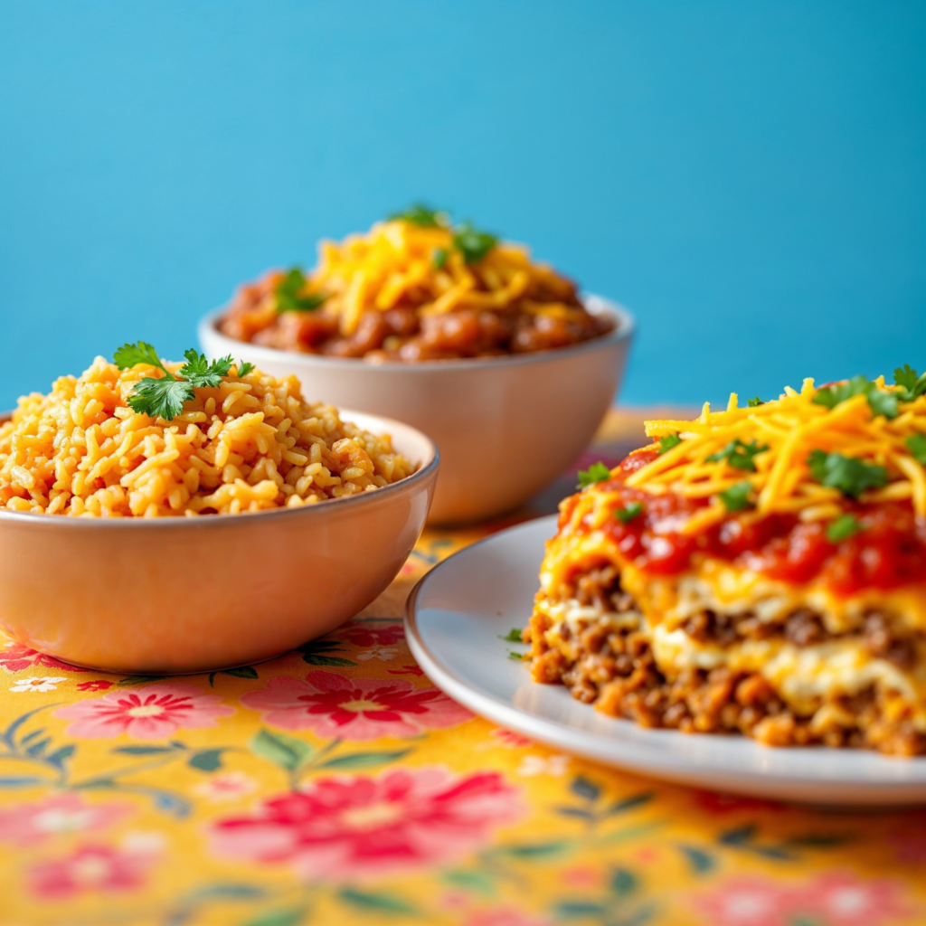 Mexican rice and refried beans served with taco lasagna.