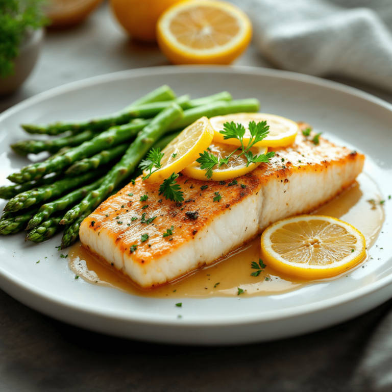 A perfectly cooked rockfish fillet on a plate garnished with lemon and herbs.