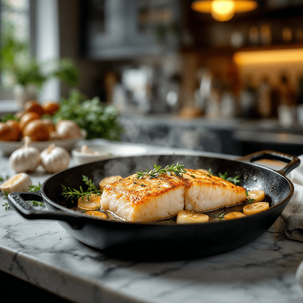 Pan-seared rockfish fillet in a skillet with garlic and herbs.