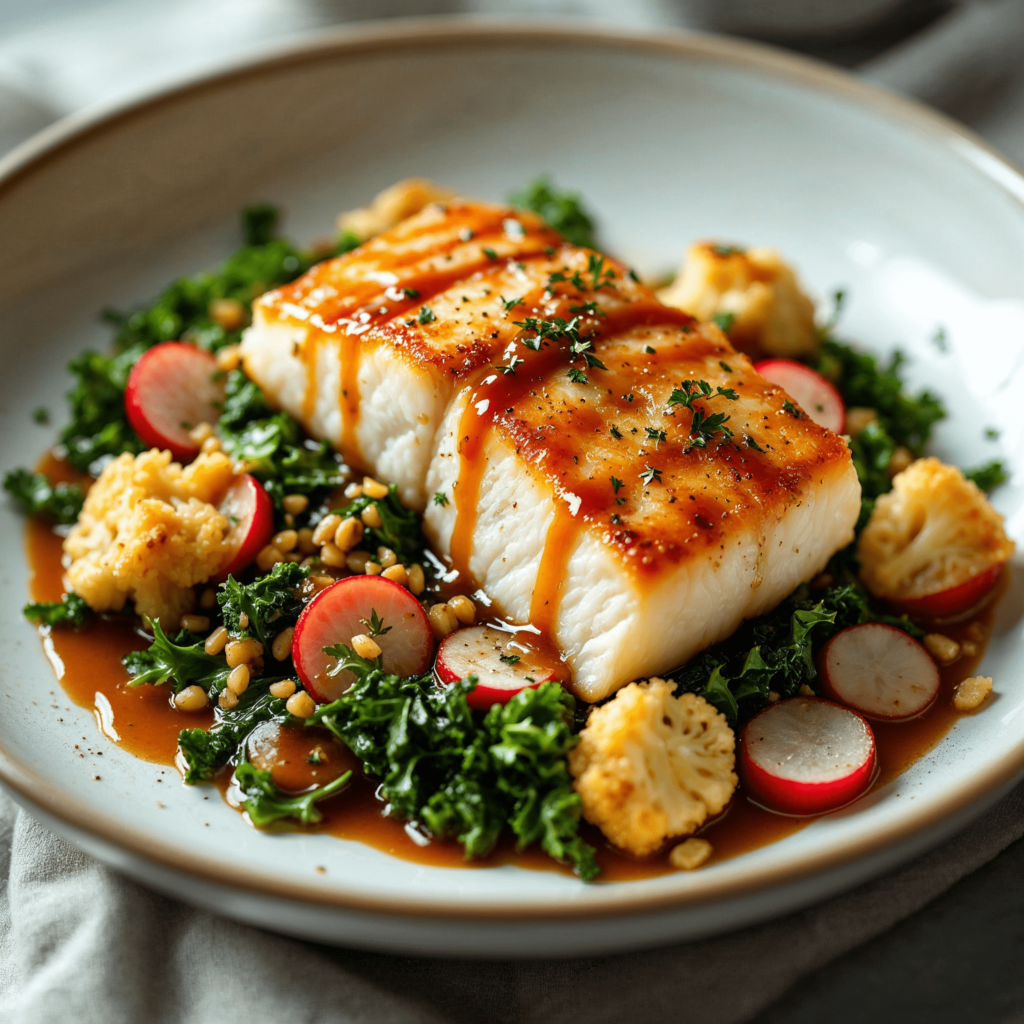 Steamed rockfish served with colorful vegetables.