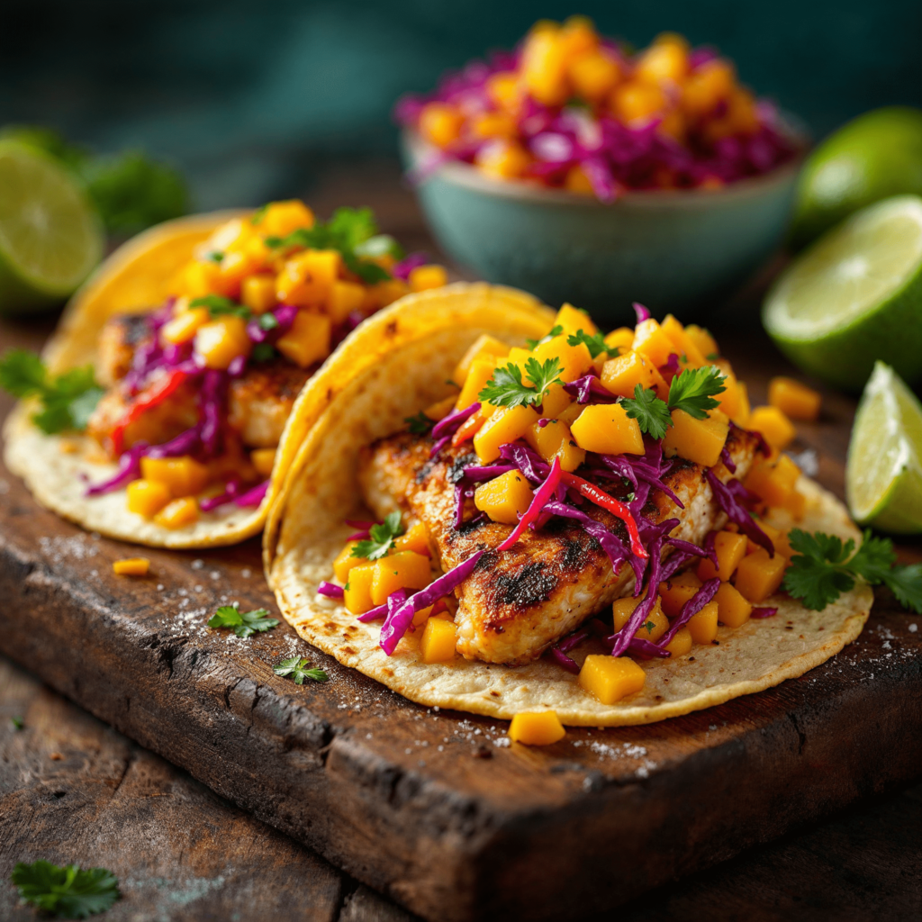 Rockfish tacos topped with mango salsa and red cabbage slaw.